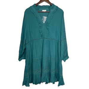 NWOT Sundance Janie Teal Blue Midi Ruffled Sleeveless Babydoll Boho Dress Sz XL